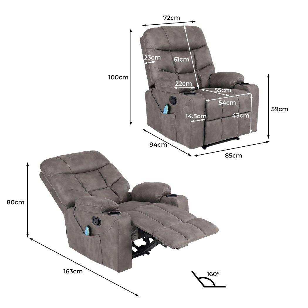 Electric Massage Recliner Chair 8 - Point with Heat and Cup Holders - Grey - Rivercity House & Home Co. (ABN 18 642 972 209) - Affordable Modern Furniture Australia