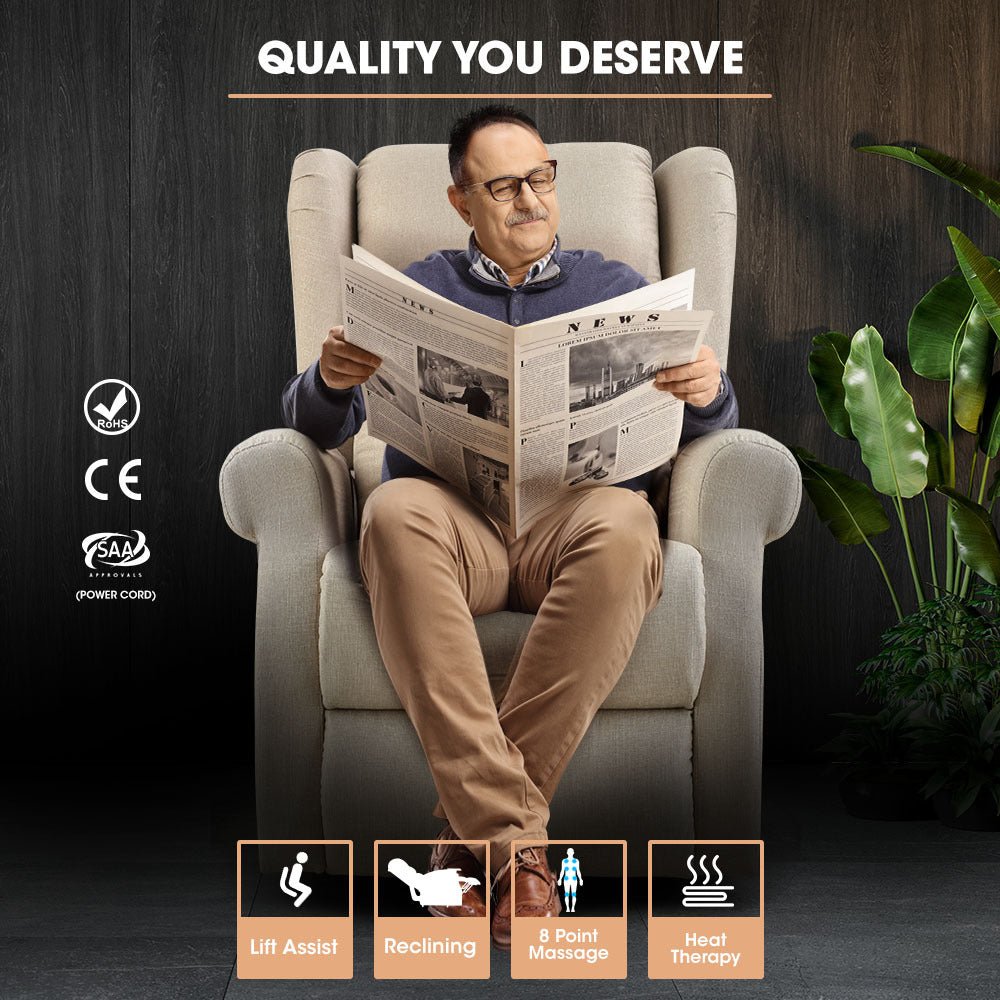 Electric Recliner Lift Chair with Massage and Heat Therapy for Elderly - Beige - Furniture > Bar Stools & Chairs > Massage Chairs - Rivercity House & Home Co. (ABN 18 642 972 209) - Affordable Modern Furniture Australia