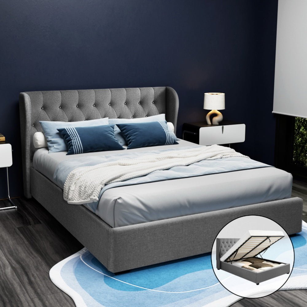 Elouera Queen Bed Frame With Gas Lift Storage Grey - Rivercity House & Home Co. (ABN 18 642 972 209) - Affordable Modern Furniture Australia