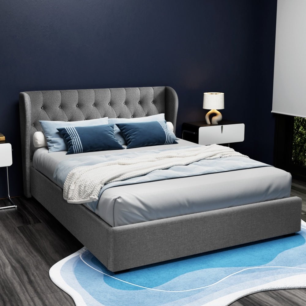 Elouera Queen Bed Frame With Gas Lift Storage Grey - Rivercity House & Home Co. (ABN 18 642 972 209) - Affordable Modern Furniture Australia