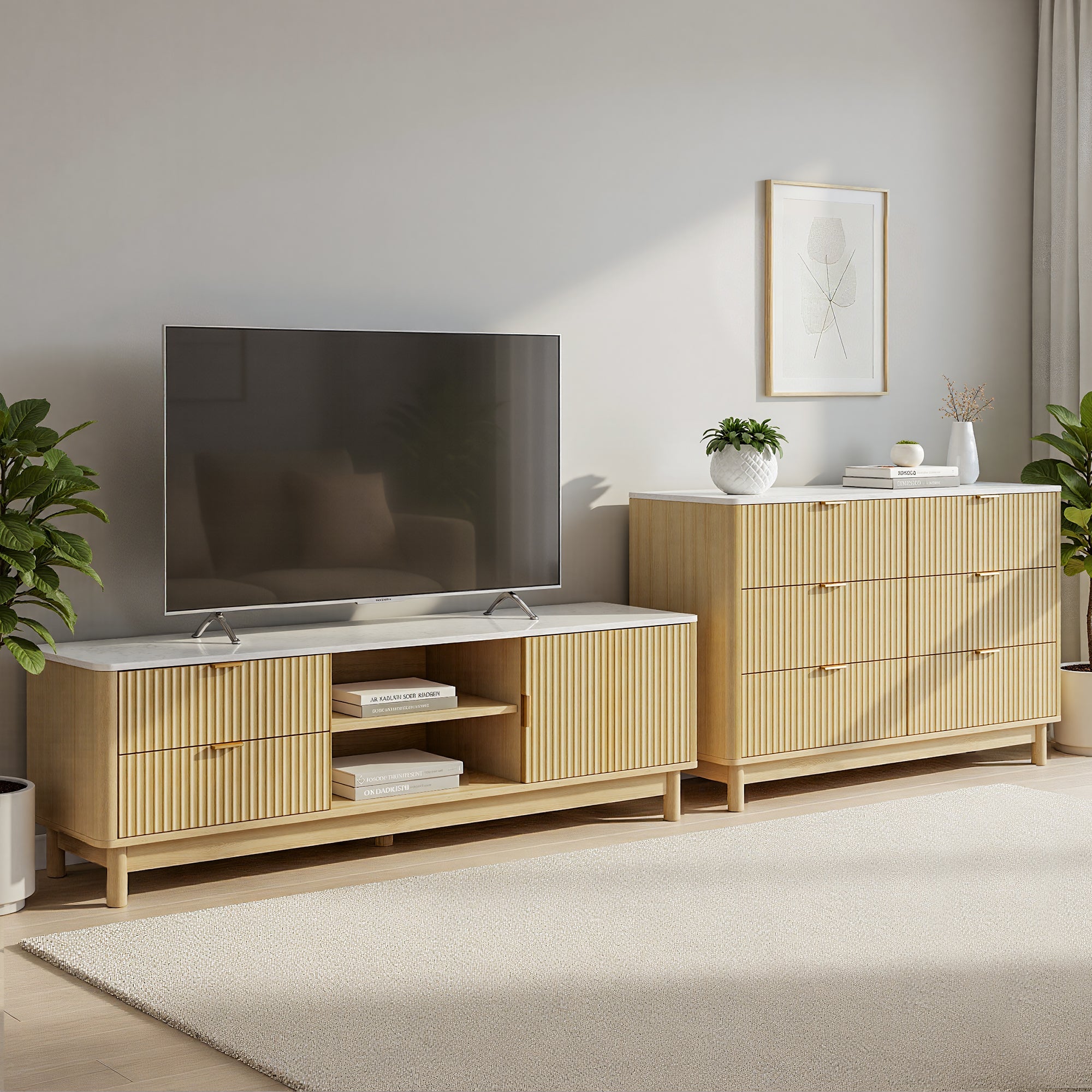 Entertainment Unit & Chest of Drawers Set with Solid Wood Legs - Pine - Furniture > Living Room > TV Units - Rivercity House & Home Co. (ABN 18 642 972 209) - Affordable Modern Furniture Australia