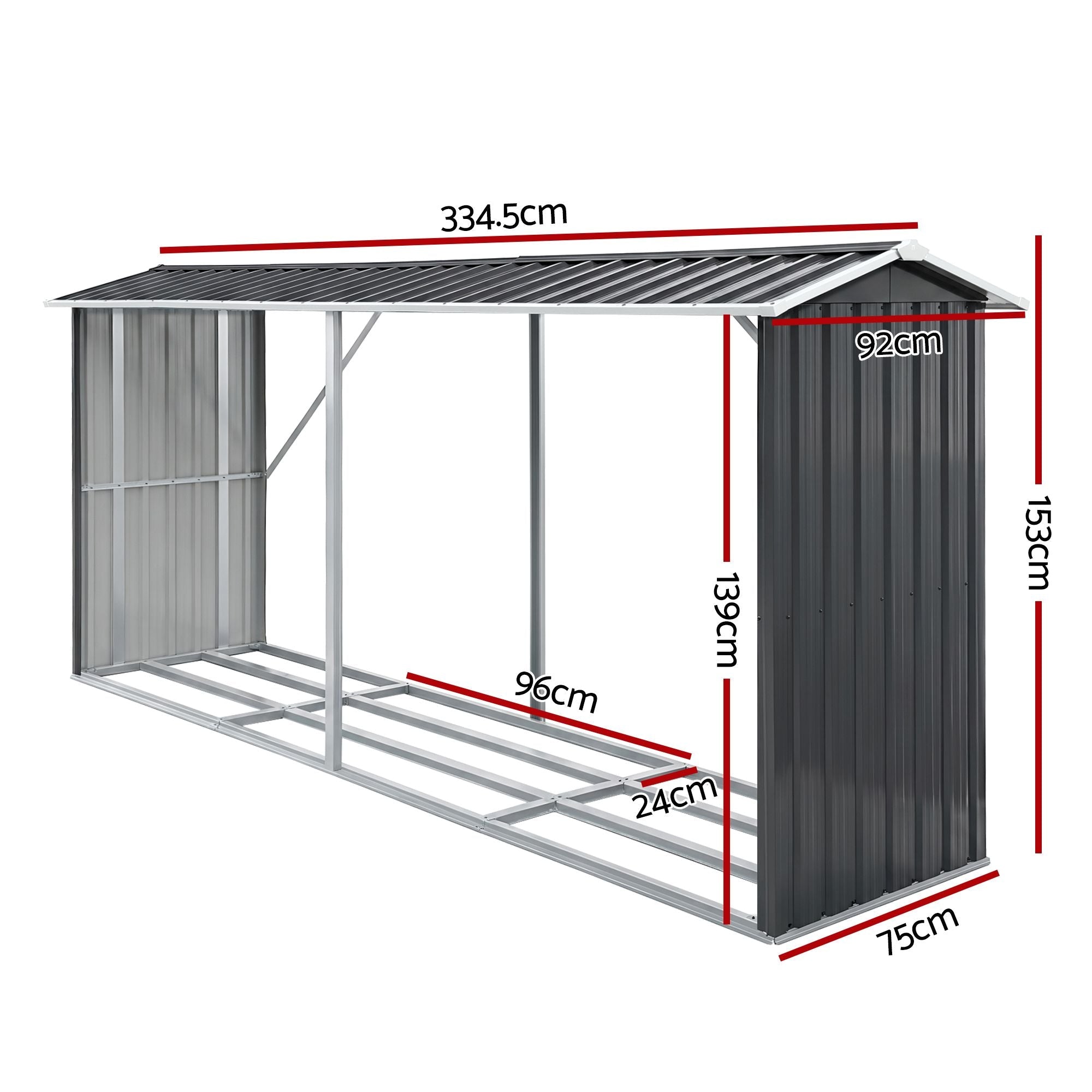 Firewood Storage Shed 334.5cm x 92cm Outdoor Log Rack Galvanised Steel - Grey - Home & Garden > Storage > Sheds - Rivercity House & Home Co. (ABN 18 642 972 209) - Affordable Modern Furniture Australia