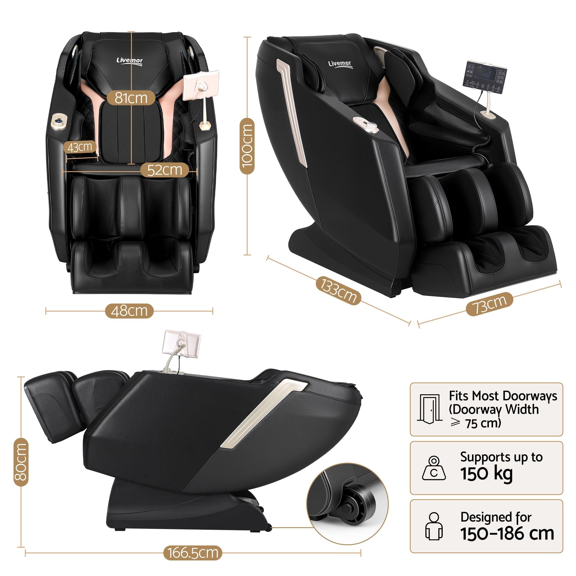 Flex Massage Chair Full Body Zero Gravity Recliner with Heat, 24 Airbags, Foot Massage, 6 Auto Programs, Voice Control, Bluetooth Speakers, Screen Control, Extendable Footrest - Black - Furniture > Bar Stools & Chairs > Massage Chairs - Rivercity House & Home Co. (ABN 18 642 972 209) - Affordable Modern Furniture Australia