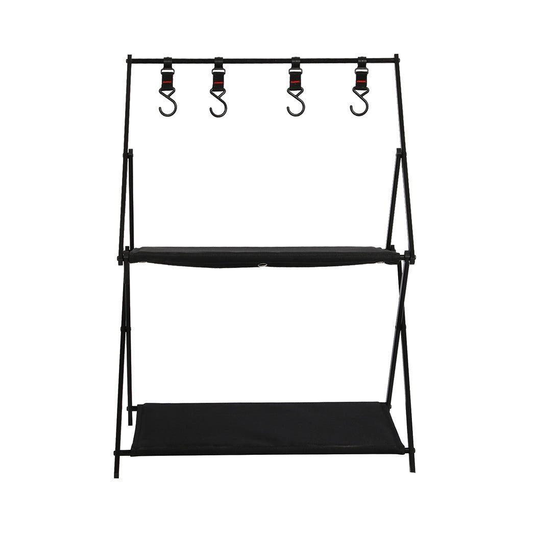 Foldable 2 - Layer Camping Storage Shelves with Hooks - Black - Rivercity House & Home Co. (ABN 18 642 972 209) - Affordable Modern Furniture Australia