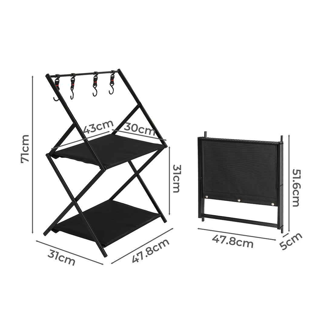 Foldable 2 - Layer Camping Storage Shelves with Hooks - Black - Rivercity House & Home Co. (ABN 18 642 972 209) - Affordable Modern Furniture Australia