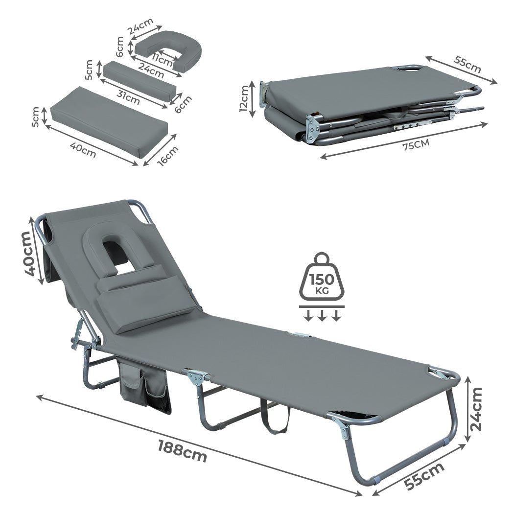 Foldable Beach Lounge Chair with Face Hole and Pillows - Grey - Rivercity House & Home Co. (ABN 18 642 972 209) - Affordable Modern Furniture Australia