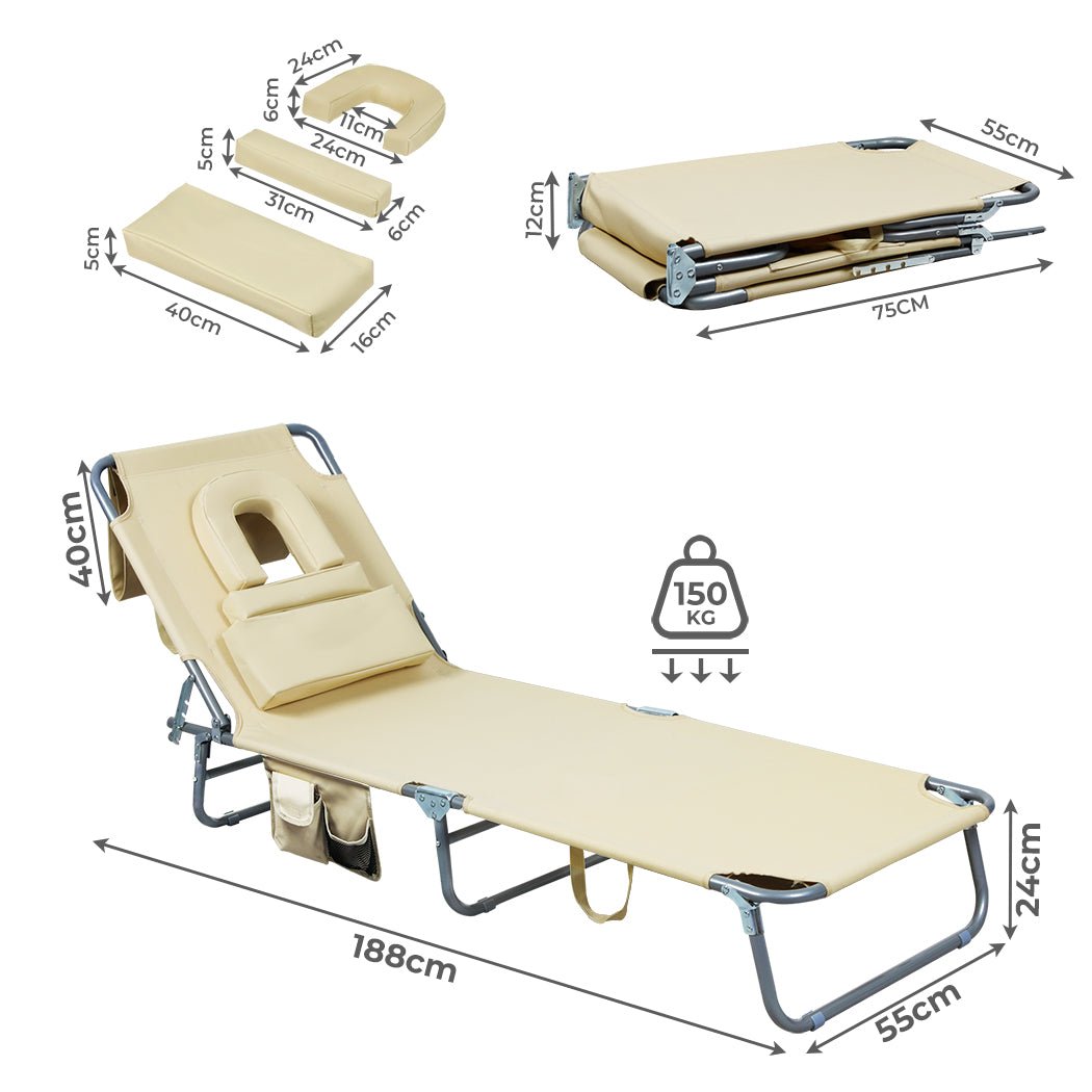 Foldable Beach Lounge Chair with Face Hole and Pillows - Khaki - Rivercity House & Home Co. (ABN 18 642 972 209) - Affordable Modern Furniture Australia