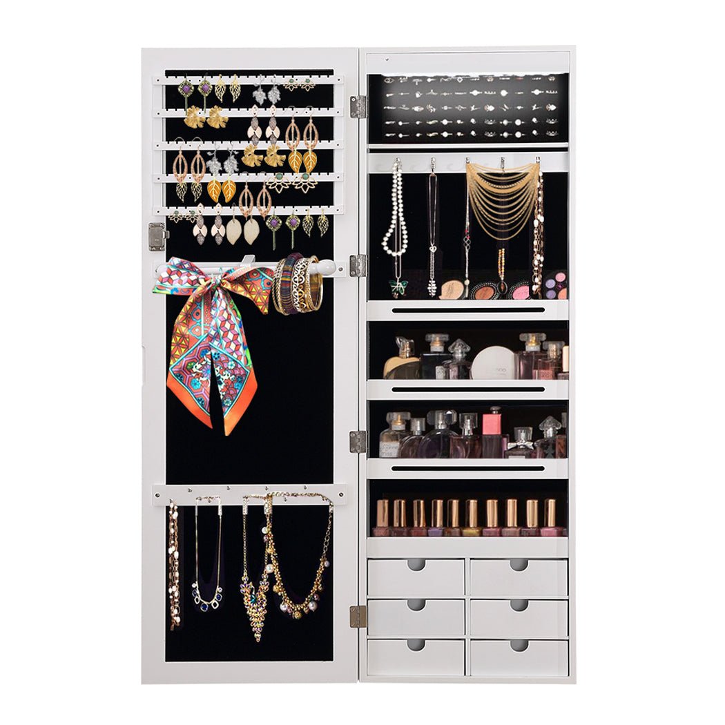 Full Length Jewellery Cabinet with Mirror and LED Light - White - Rivercity House & Home Co. (ABN 18 642 972 209) - Affordable Modern Furniture Australia