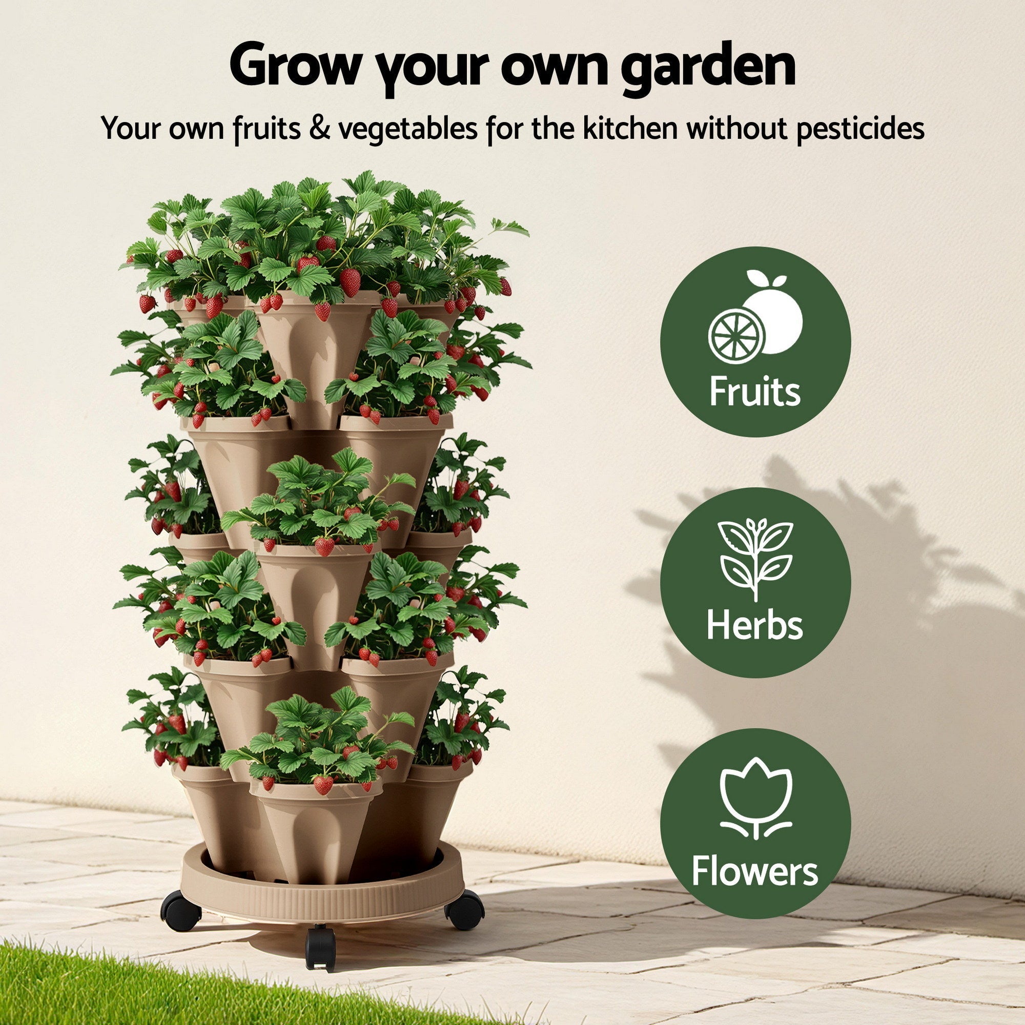 Garden Bed 5 Tier Vertical Garden Grey Strawberry Stackable Planters Herb Petunias Tan - Home & Garden > Garden Beds > Garden Beds & Planters - Rivercity House & Home Co. (ABN 18 642 972 209) - Affordable Modern Furniture Australia