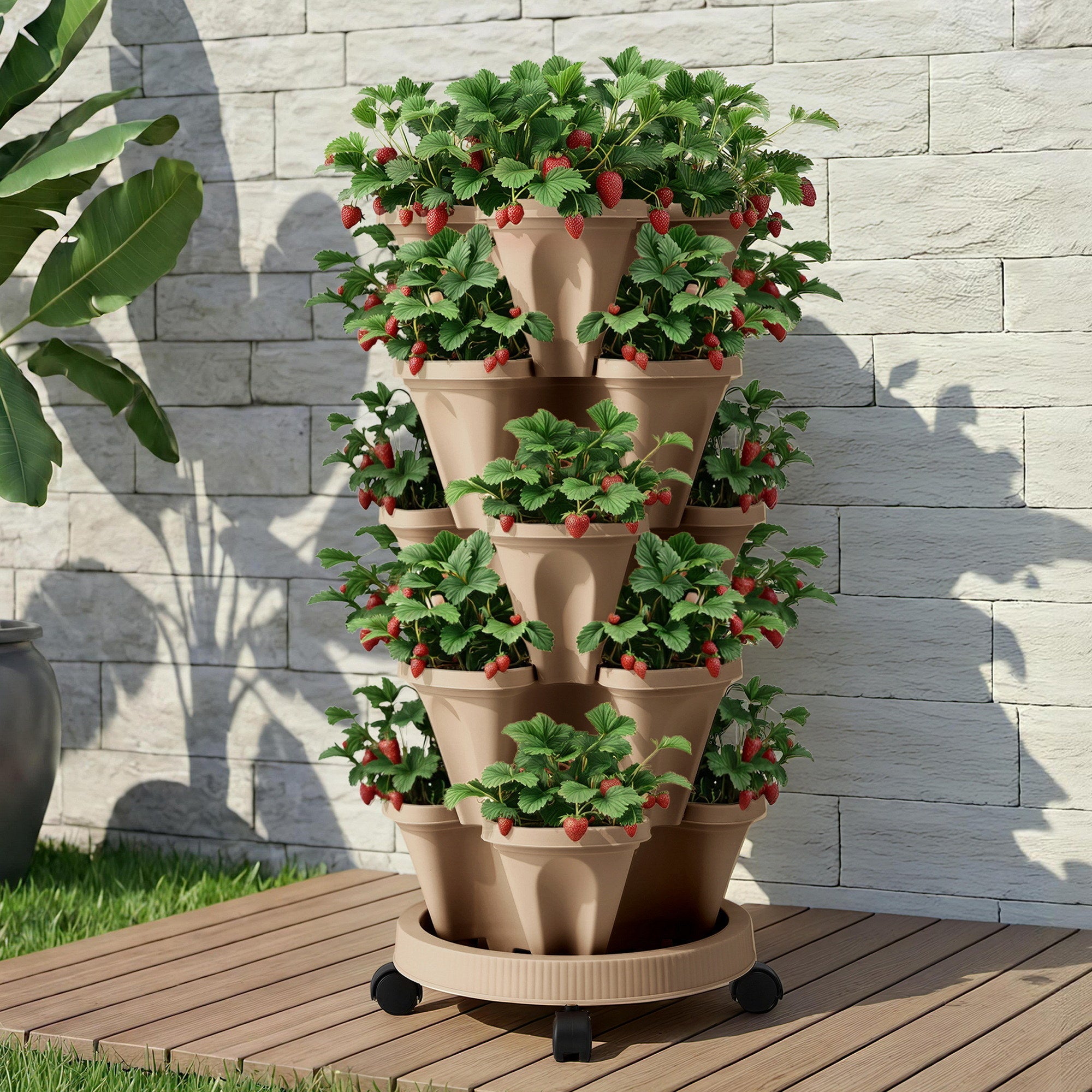 Garden Bed 5 Tier Vertical Garden Grey Strawberry Stackable Planters Herb Petunias Tan - Home & Garden > Garden Beds > Garden Beds & Planters - Rivercity House & Home Co. (ABN 18 642 972 209) - Affordable Modern Furniture Australia