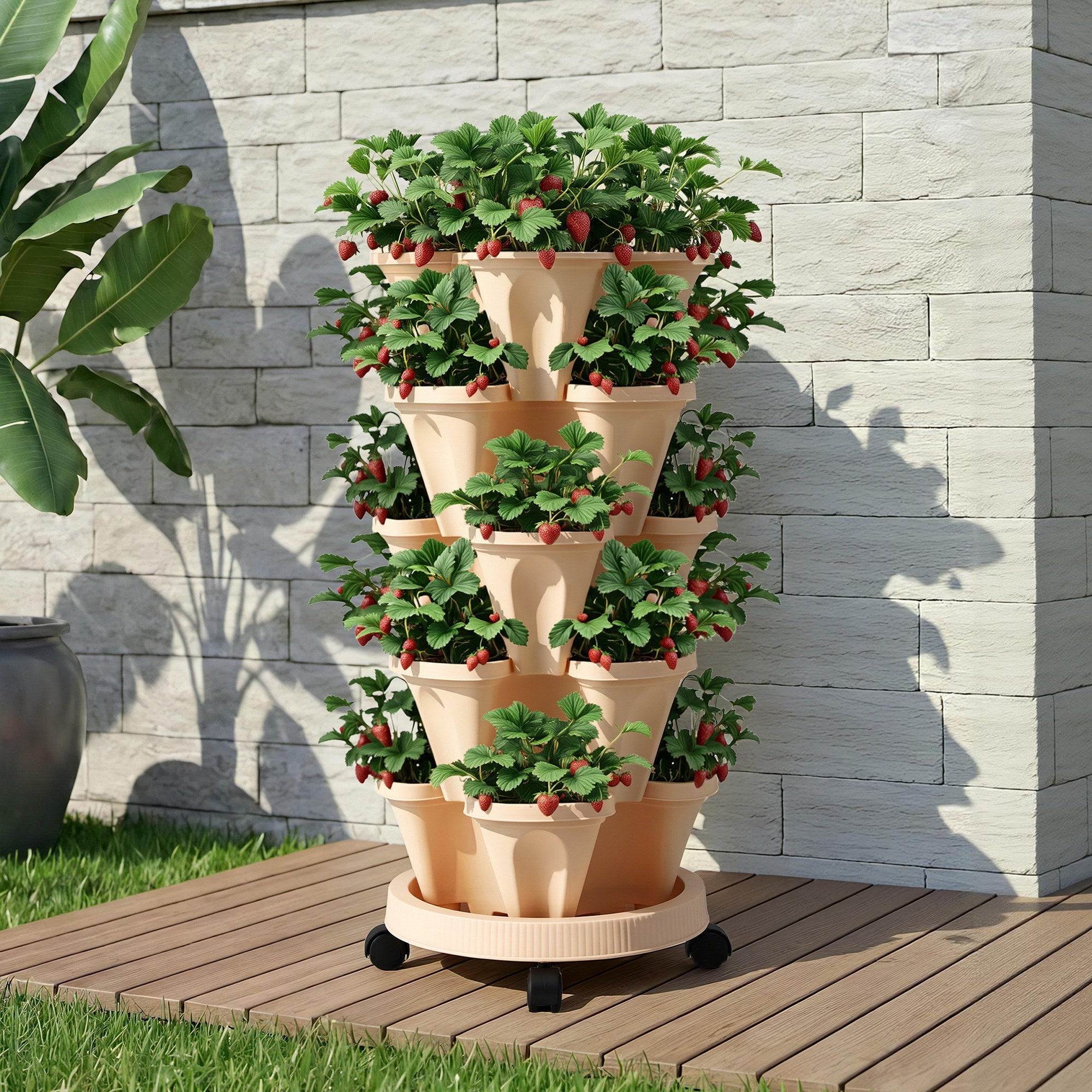 Garden Bed 5 Tier Vertical Garden Grey Strawberry Stackable Planters Herbs Beige - Home & Garden > Garden Beds > Garden Beds & Planters - Rivercity House & Home Co. (ABN 18 642 972 209) - Affordable Modern Furniture Australia
