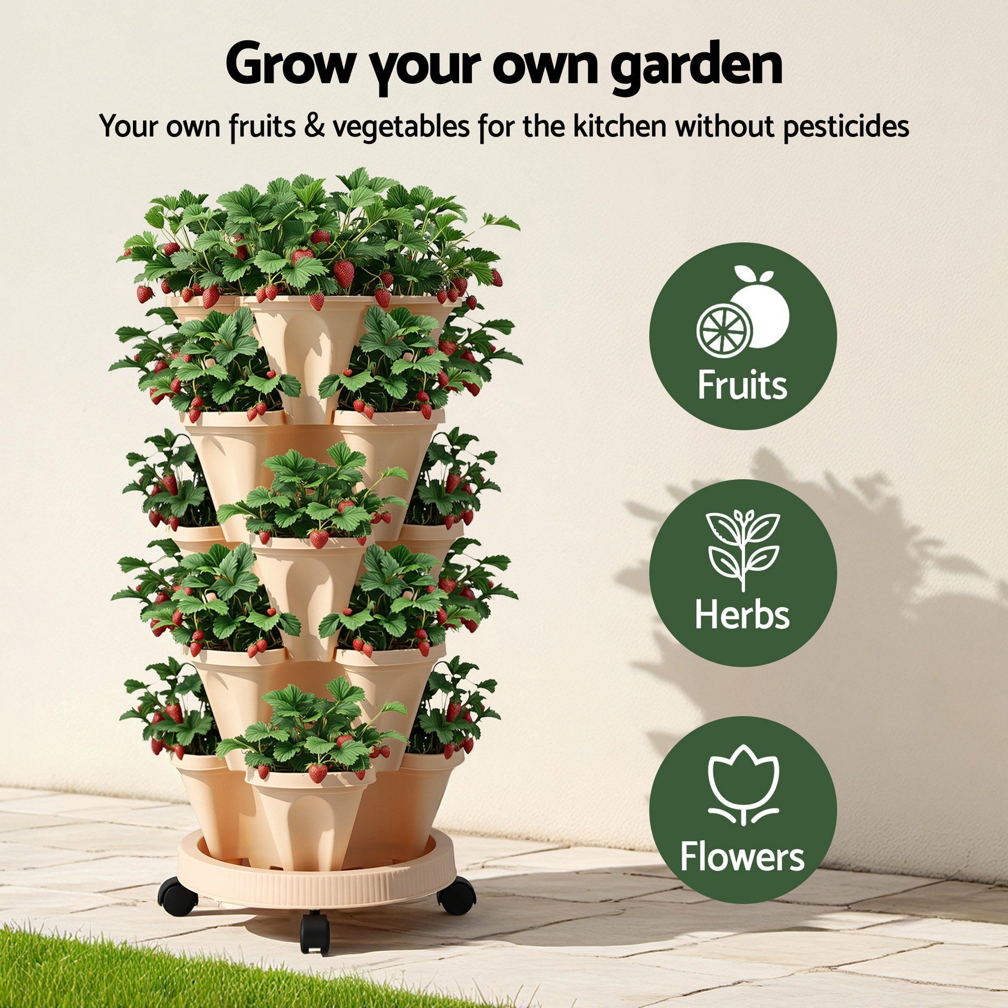 Garden Bed 5 Tier Vertical Garden Grey Strawberry Stackable Planters Herbs Beige - Home & Garden > Garden Beds > Garden Beds & Planters - Rivercity House & Home Co. (ABN 18 642 972 209) - Affordable Modern Furniture Australia