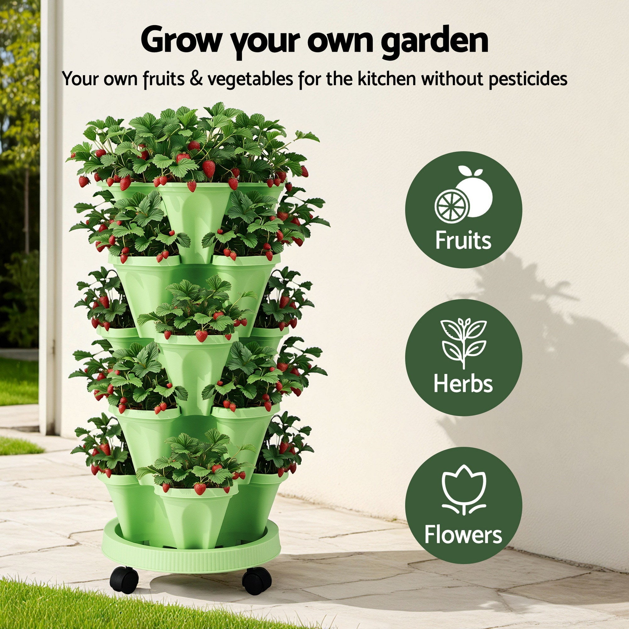Garden Bed 5 Tier Vertical Garden Grey Strawberry Stackable Planters Herbs Light Green - Home & Garden > Garden Beds > Garden Beds & Planters - Rivercity House & Home Co. (ABN 18 642 972 209) - Affordable Modern Furniture Australia