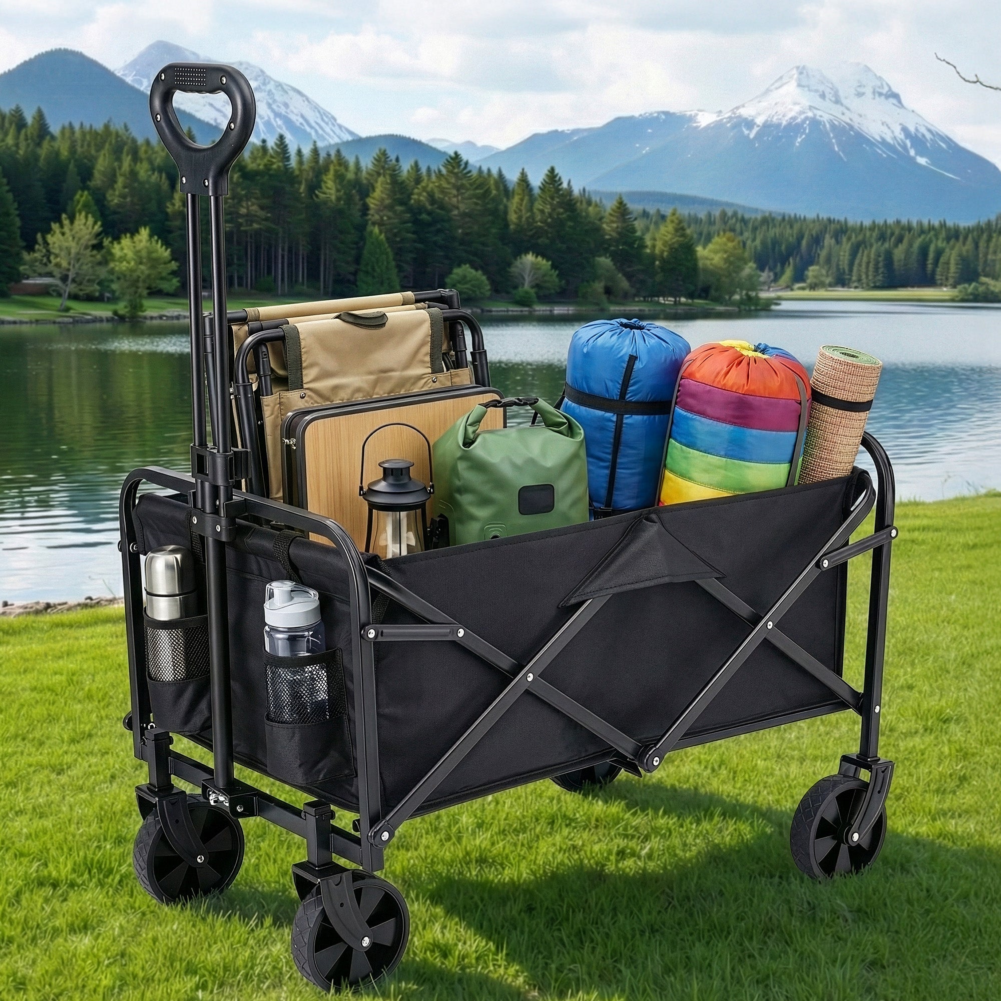 Garden Cart Folding Trolley Camping Wagon Barrow Outdoor Beach Black - Home & Garden > Garden Tools > Spreaders & Wheelbarrows - Rivercity House & Home Co. (ABN 18 642 972 209) - Affordable Modern Furniture Australia