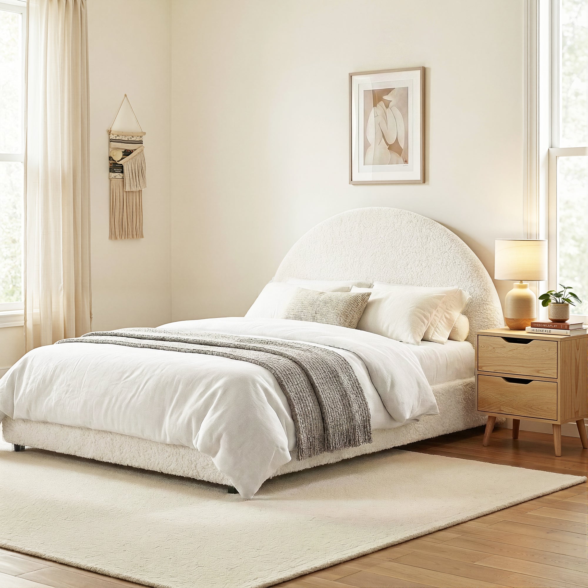 Gas Lift Queen Bed Frame with Bedside Table Set Boucle Fabric Upholstered Platform Bed Nightstand - Furniture > Bedroom > Beds & Bed Frames - Rivercity House & Home Co. (ABN 18 642 972 209) - Affordable Modern Furniture Australia
