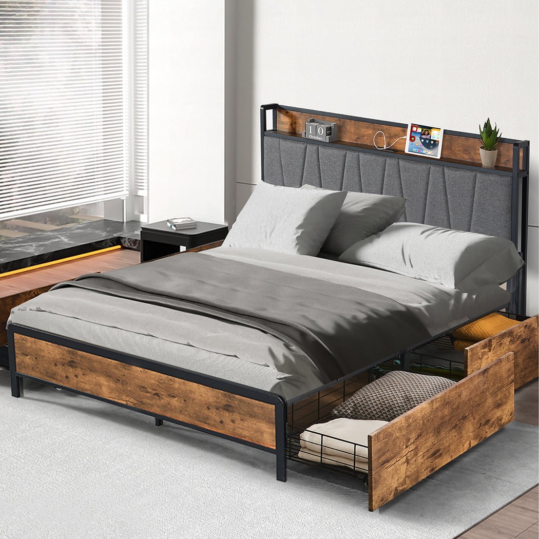 Grange Storage Queen Bed Frame with USB Ports & Drawers – Brown/Grey - Rivercity House & Home Co. (ABN 18 642 972 209) - Affordable Modern Furniture Australia