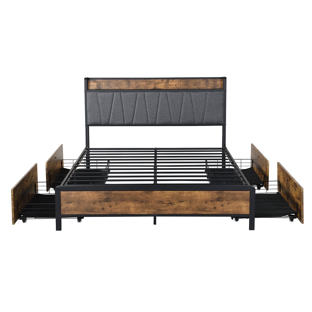 Grange Storage Queen Bed Frame with USB Ports & Drawers – Brown/Grey - Rivercity House & Home Co. (ABN 18 642 972 209) - Affordable Modern Furniture Australia