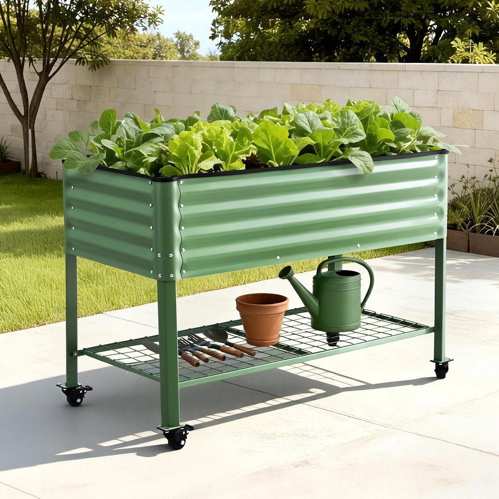 Green Fingers Elevated Raised Garden Bed Kit Mobile w/ Locking Wheels & Storage Shelf 100KG Max Load 115x60x81cm | Galvanized Steel, Portable Green Organizer for Seniors, Patio, Balcony, Vegetables - Home & Garden > Garden Beds > Garden Beds & Planters - Rivercity House & Home Co. (ABN 18 642 972 209) - Affordable Modern Furniture Australia