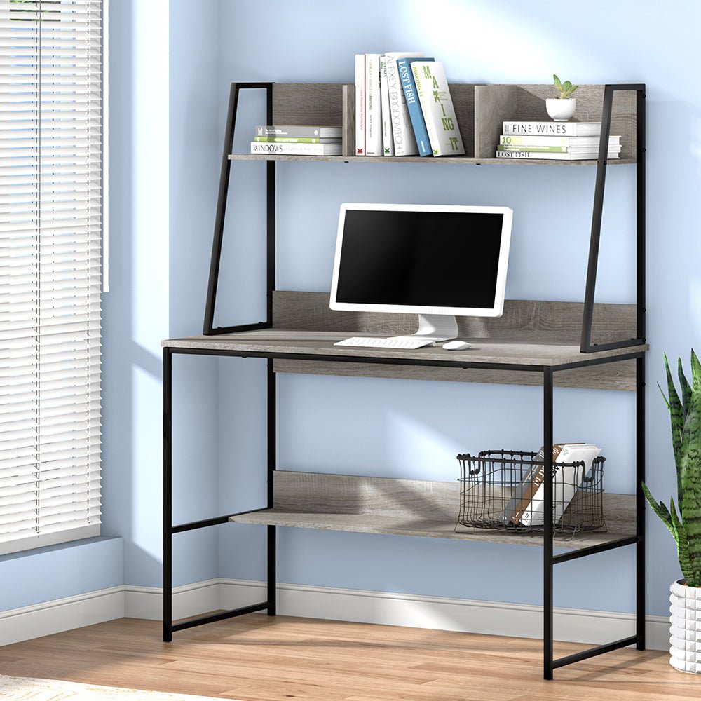 Grey Computer Desk Workstation with Bookshelf Storage - Furniture > Living Room - Rivercity House & Home Co. (ABN 18 642 972 209) - Affordable Modern Furniture Australia