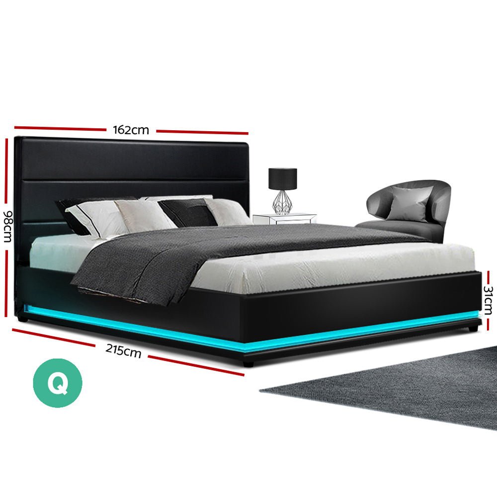 Henley LED Storage Queen Bed Frame Black - Rivercity House & Home Co. (ABN 18 642 972 209) - Affordable Modern Furniture Australia