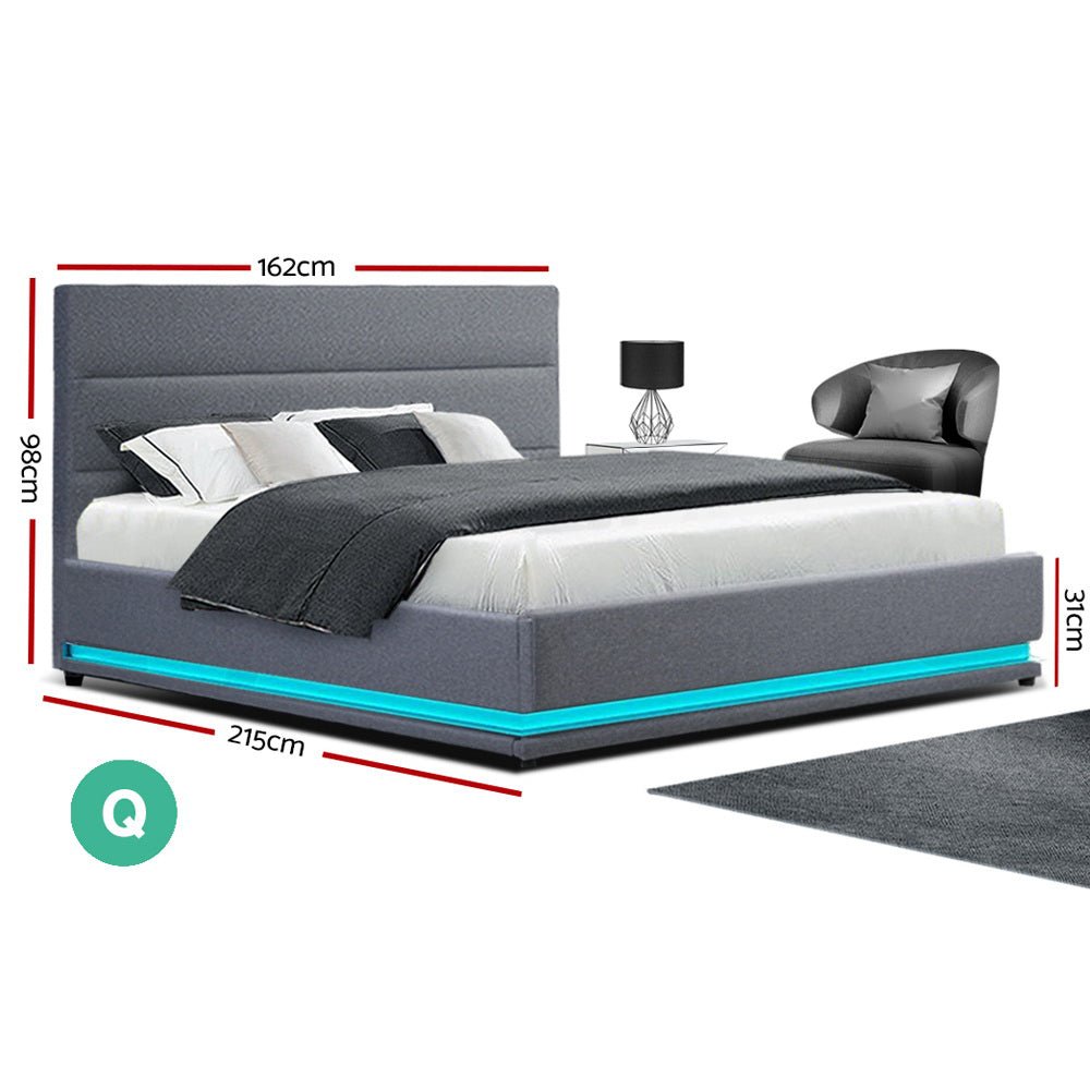 Henley LED Storage Queen Bed Frame Grey - Rivercity House & Home Co. (ABN 18 642 972 209) - Affordable Modern Furniture Australia