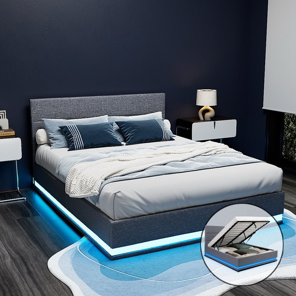 Henley LED Storage Queen Bed Frame Grey - Rivercity House & Home Co. (ABN 18 642 972 209) - Affordable Modern Furniture Australia