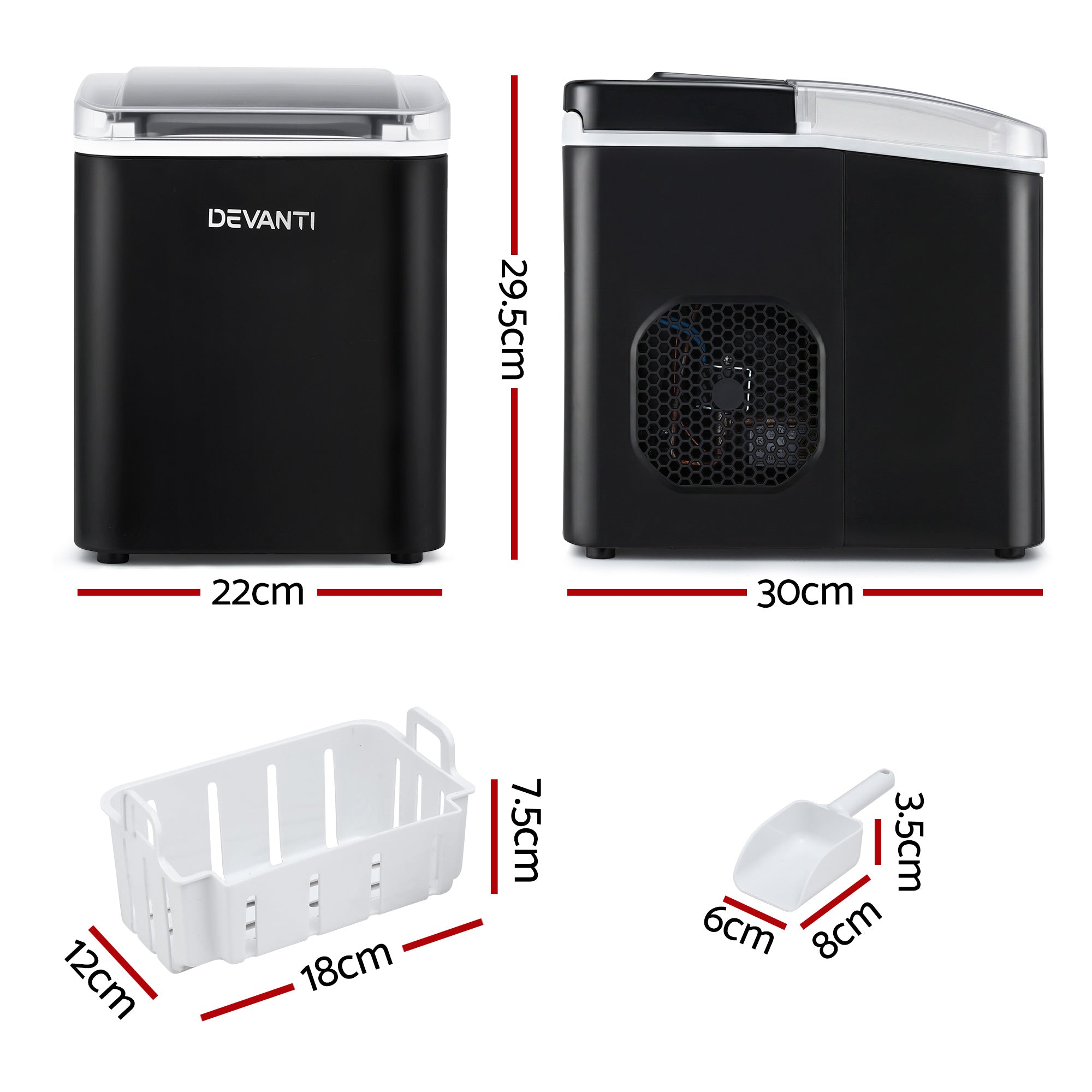 Ice Maker Machine Portable 12kg Countertop w/Self Cleaning 1.2L Black - Appliances > Kitchen Appliances > Ice Makers - Rivercity House & Home Co. (ABN 18 642 972 209) - Affordable Modern Furniture Australia