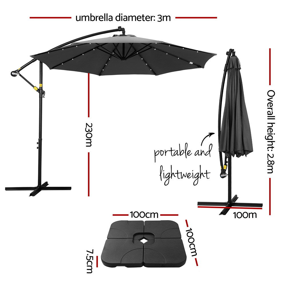 Instahut Outdoor Umbrella 3M Cantilever Beach LED Base Garden Sun Patio Charcoal - Home & Garden > Shading > Umbrellas & Sunshades - Rivercity House & Home Co. (ABN 18 642 972 209) - Affordable Modern Furniture Australia