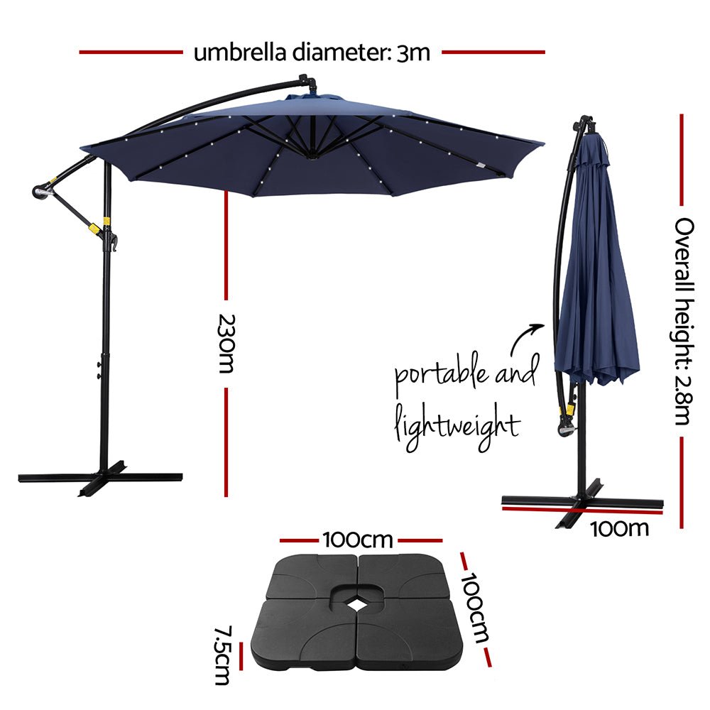 Instahut Outdoor Umbrella 3M Cantilever Beach LED w/Base Garden Shade Patio Navy - Home & Garden > Shading > Umbrellas & Sunshades - Rivercity House & Home Co. (ABN 18 642 972 209) - Affordable Modern Furniture Australia