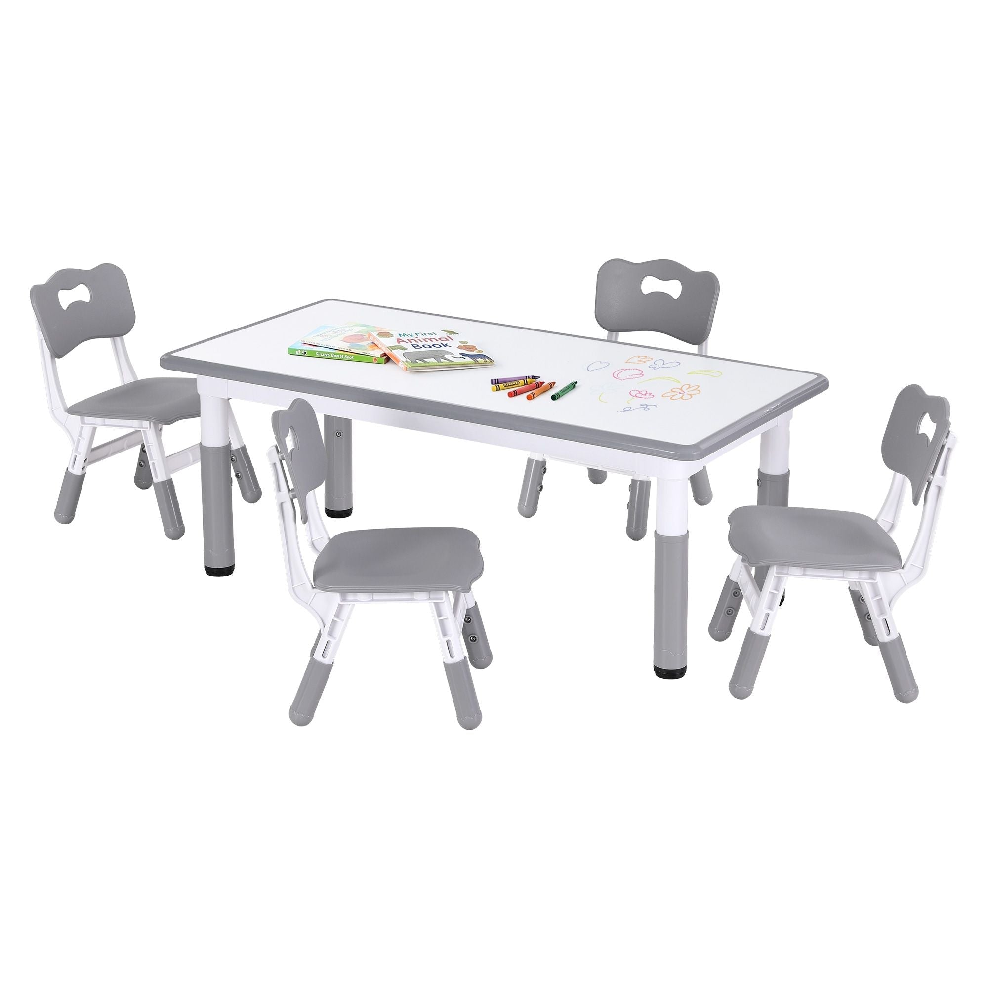 Keezi Kids Table and 4 Chairs Set Height Adjustable Toddler Desk and Chair Set for Ages 3 - 8, Children Activity Table with Graffiti Desktop for Learning Drawing Playing, Grey - Baby & Kids > Kid's Furniture > Kid's Tables, Chairs & Seats - Rivercity House & Home Co. (ABN 18 642 972 209) - Affordable Modern Furniture Australia