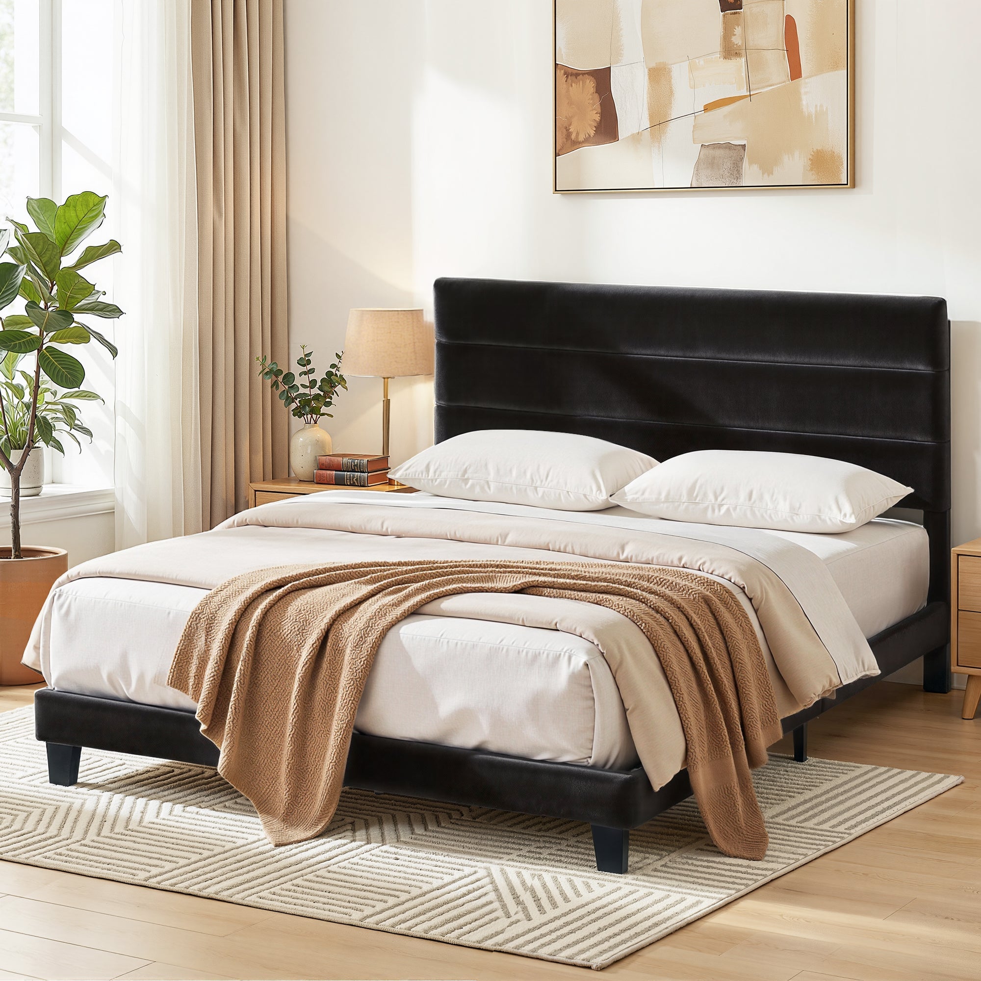 King Bed Frame Upholstered Platform Base with Geometric Headboard Black Velvet - Furniture > Bedroom > Beds & Bed Frames - Rivercity House & Home Co. (ABN 18 642 972 209) - Affordable Modern Furniture Australia