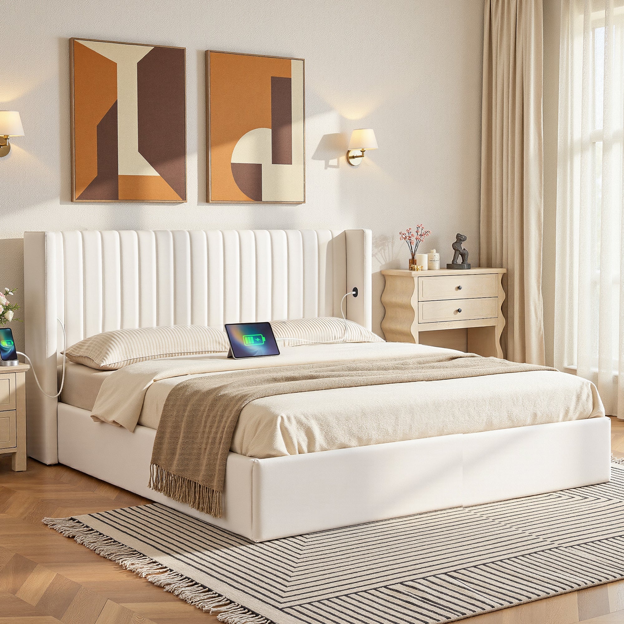 King Bed Frame with Gaslift Storage USB Type - C Charging Ports Velvet Upholstery White - Furniture > Bedroom > Beds & Bed Frames - Rivercity House & Home Co. (ABN 18 642 972 209) - Affordable Modern Furniture Australia