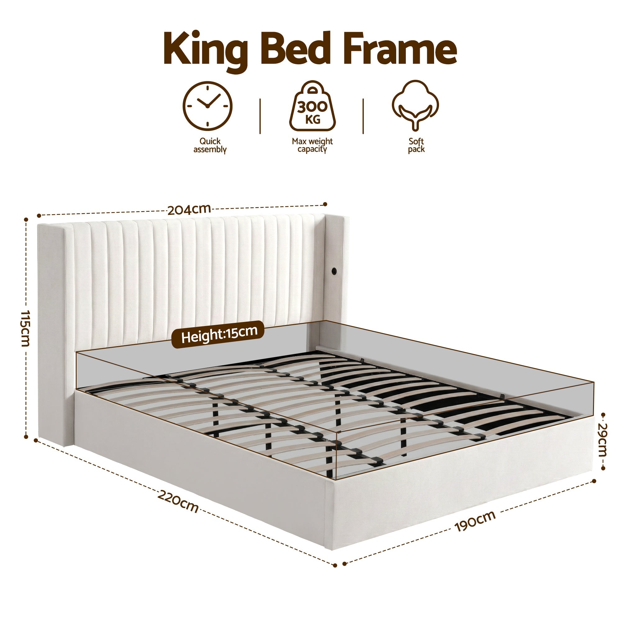 King Bed Frame with Gaslift Storage USB Type - C Charging Ports Velvet Upholstery White - Furniture > Bedroom > Beds & Bed Frames - Rivercity House & Home Co. (ABN 18 642 972 209) - Affordable Modern Furniture Australia
