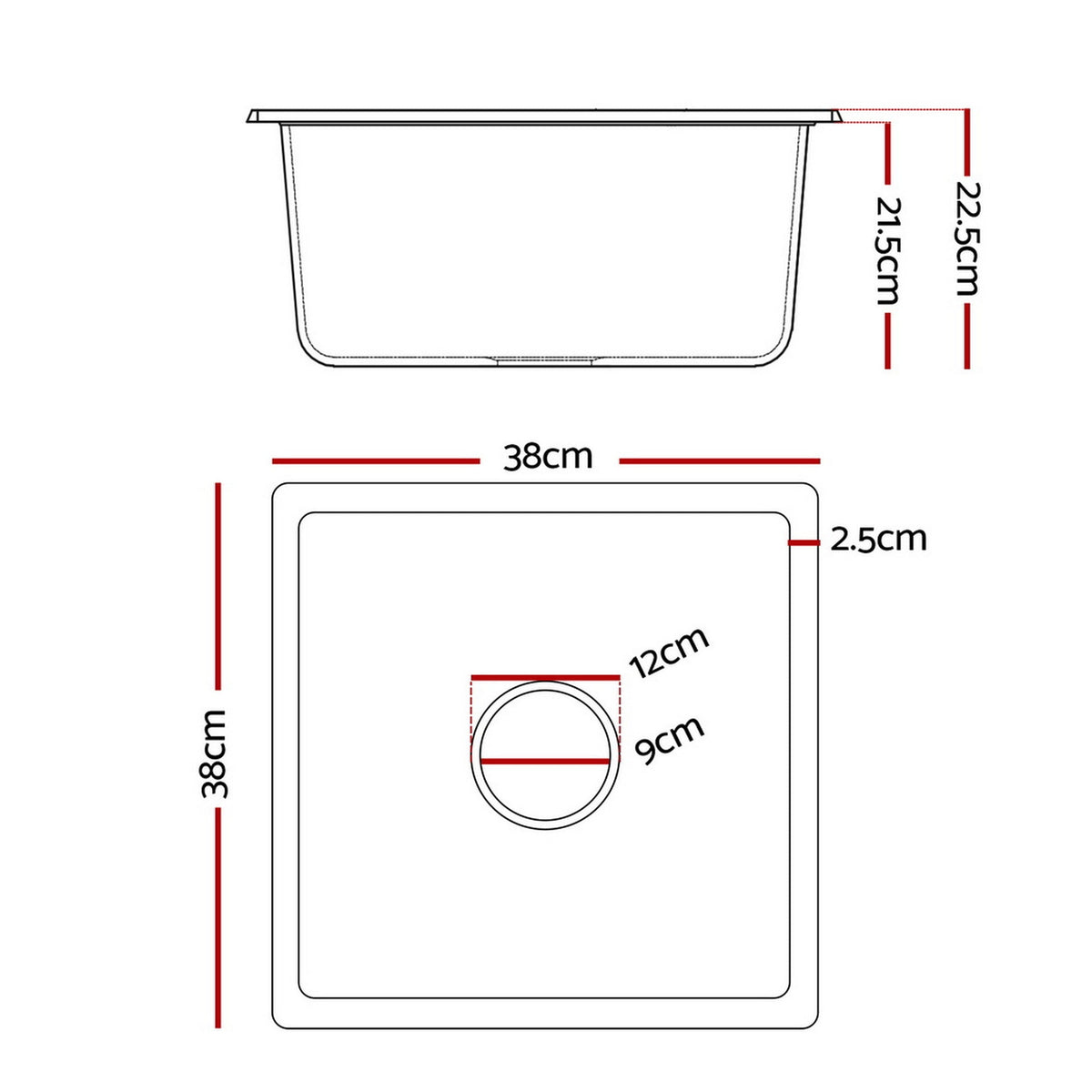 Kitchen Sink 38x38cm Granite Stone Sink Single Bowl Black - Furniture > Bathroom > Sinks - Rivercity House & Home Co. (ABN 18 642 972 209) - Affordable Modern Furniture Australia