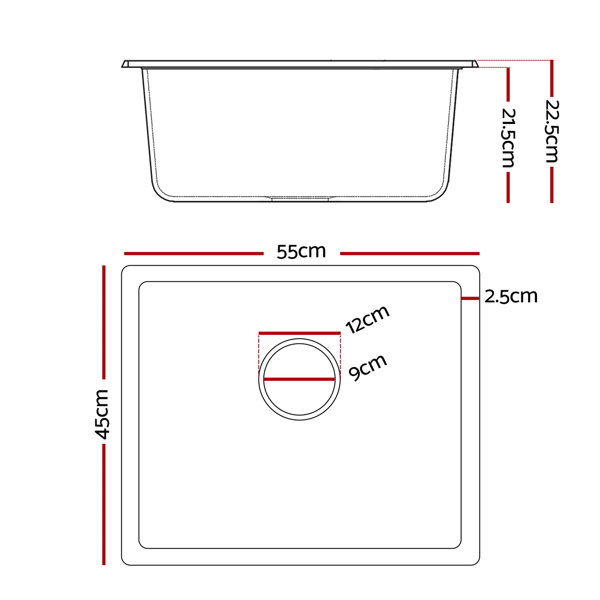 Kitchen Sink 55x45cm Granite Stone Sink Single Bowl Black - Furniture > Bathroom > Sinks - Rivercity House & Home Co. (ABN 18 642 972 209) - Affordable Modern Furniture Australia