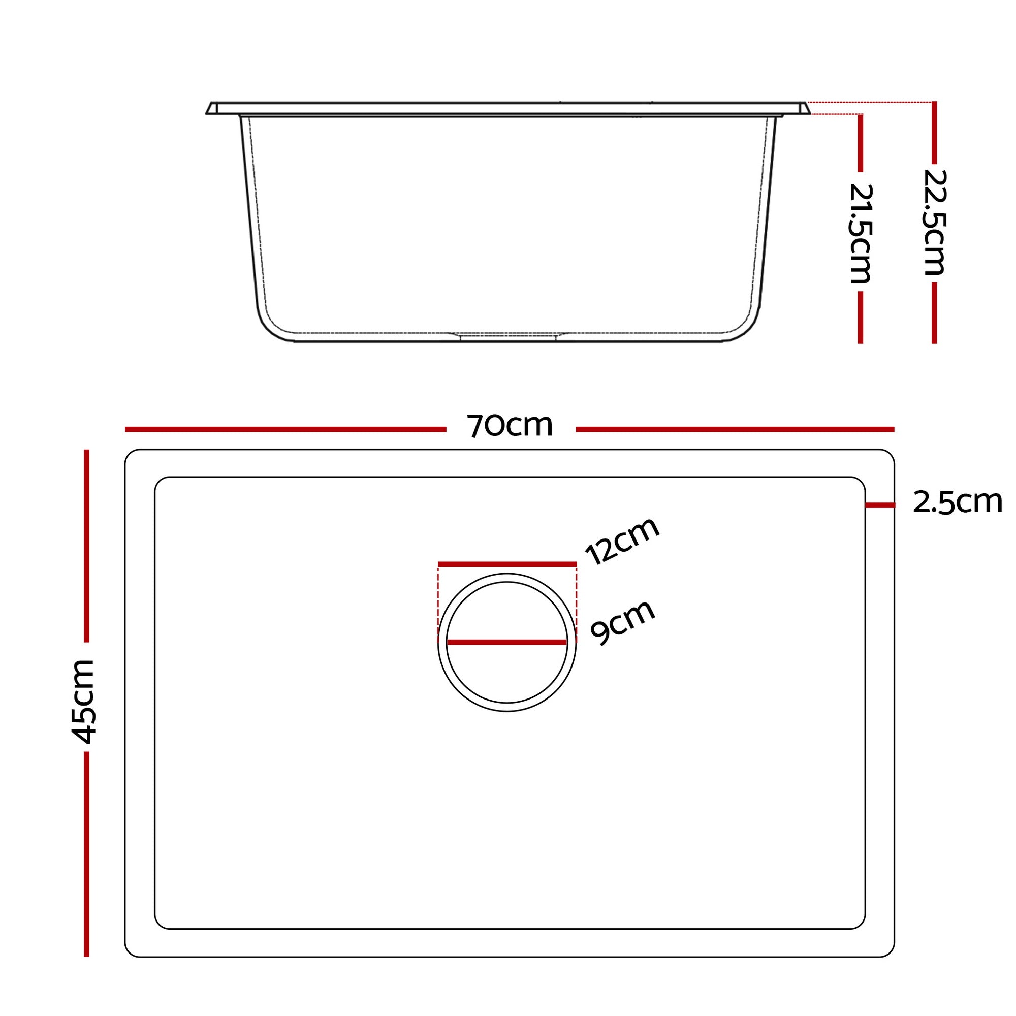 Kitchen Sink 70x45cm Granite Stone Sink Single Bowl Black - Furniture > Bathroom > Sinks - Rivercity House & Home Co. (ABN 18 642 972 209) - Affordable Modern Furniture Australia
