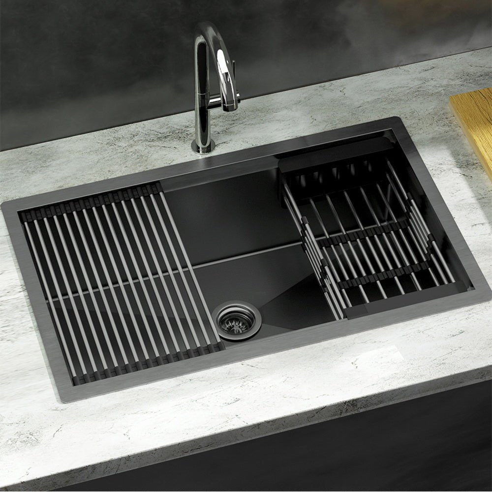 Kitchen Sink 70X45CM Stainless Steel Single Bowl Drain Rack Basket Black - Home & Garden > DIY > Kitchen & Bathroom DIY - Rivercity House & Home Co. (ABN 18 642 972 209) - Affordable Modern Furniture Australia