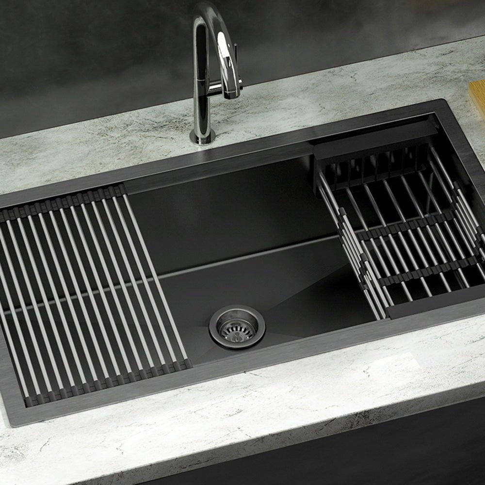 Kitchen Sink 81X45CM Stainless Steel Single Bowl Drain Rack Basket Black - Home & Garden > DIY > Kitchen & Bathroom DIY - Rivercity House & Home Co. (ABN 18 642 972 209) - Affordable Modern Furniture Australia