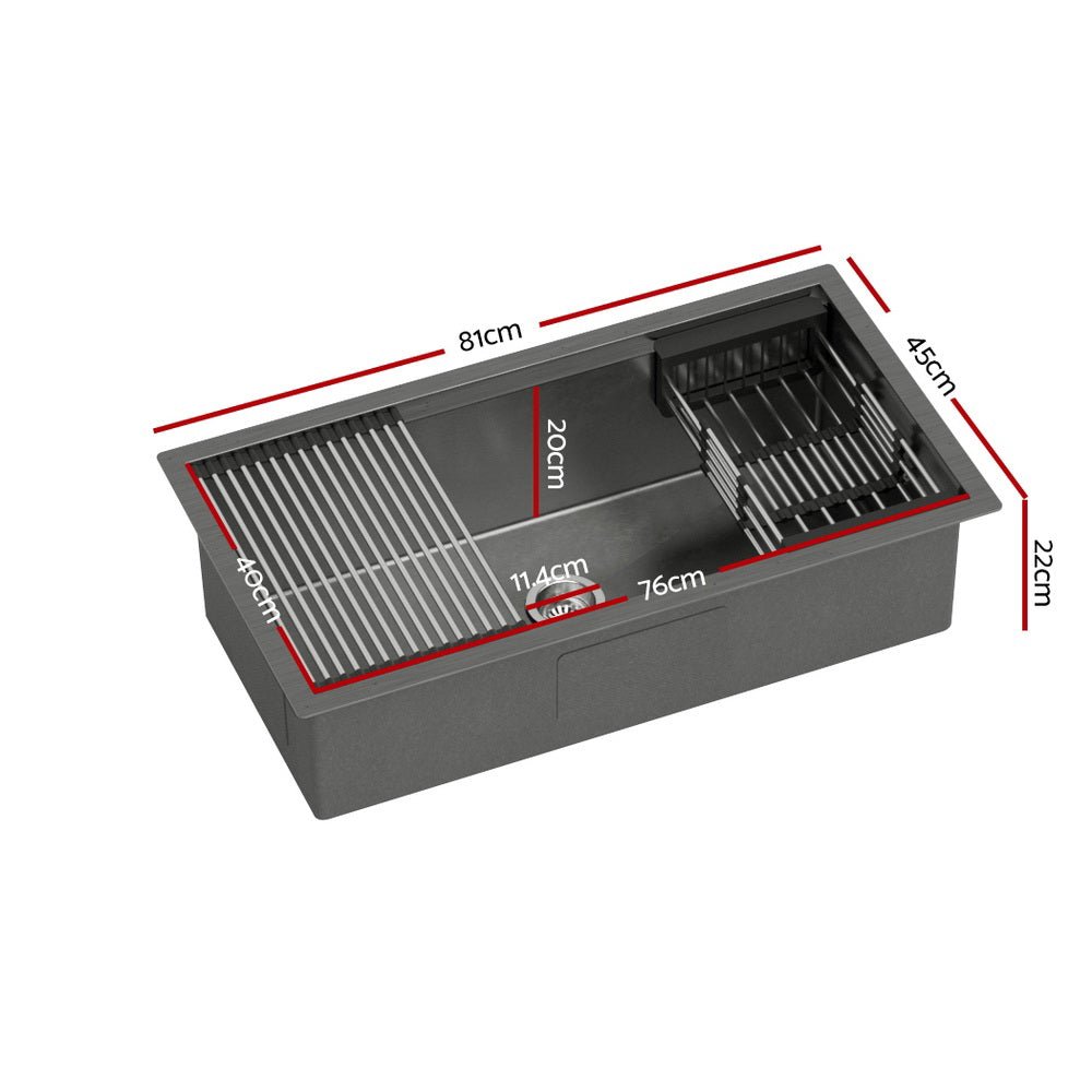 Kitchen Sink 81X45CM Stainless Steel Single Bowl Drain Rack Basket Black - Home & Garden > DIY > Kitchen & Bathroom DIY - Rivercity House & Home Co. (ABN 18 642 972 209) - Affordable Modern Furniture Australia