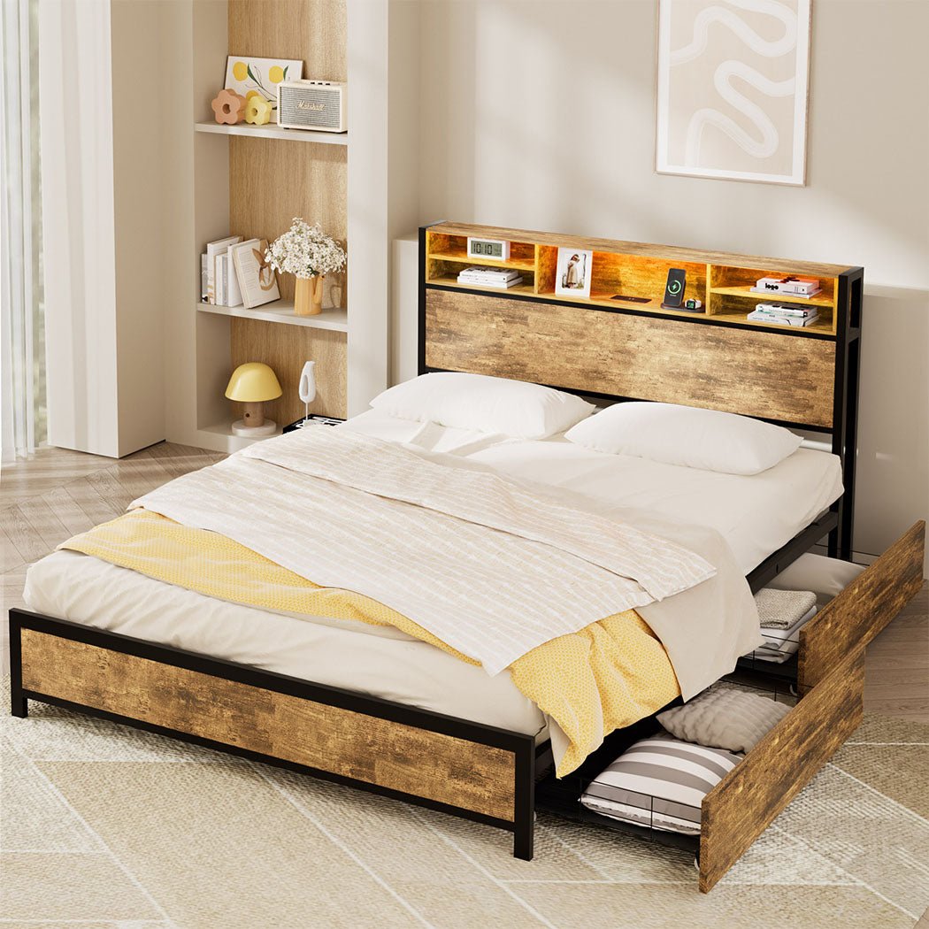 Knoxford Queen LED Storage Bed Frame – Brown - Rivercity House & Home Co. (ABN 18 642 972 209) - Affordable Modern Furniture Australia