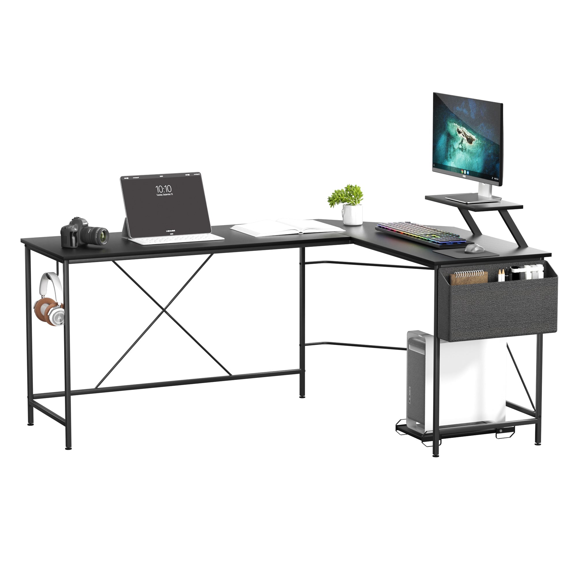 L - Shaped Computer Corner Desk with Monitor & CPU Stand - Black - Rivercity House & Home Co. (ABN 18 642 972 209) - Affordable Modern Furniture Australia
