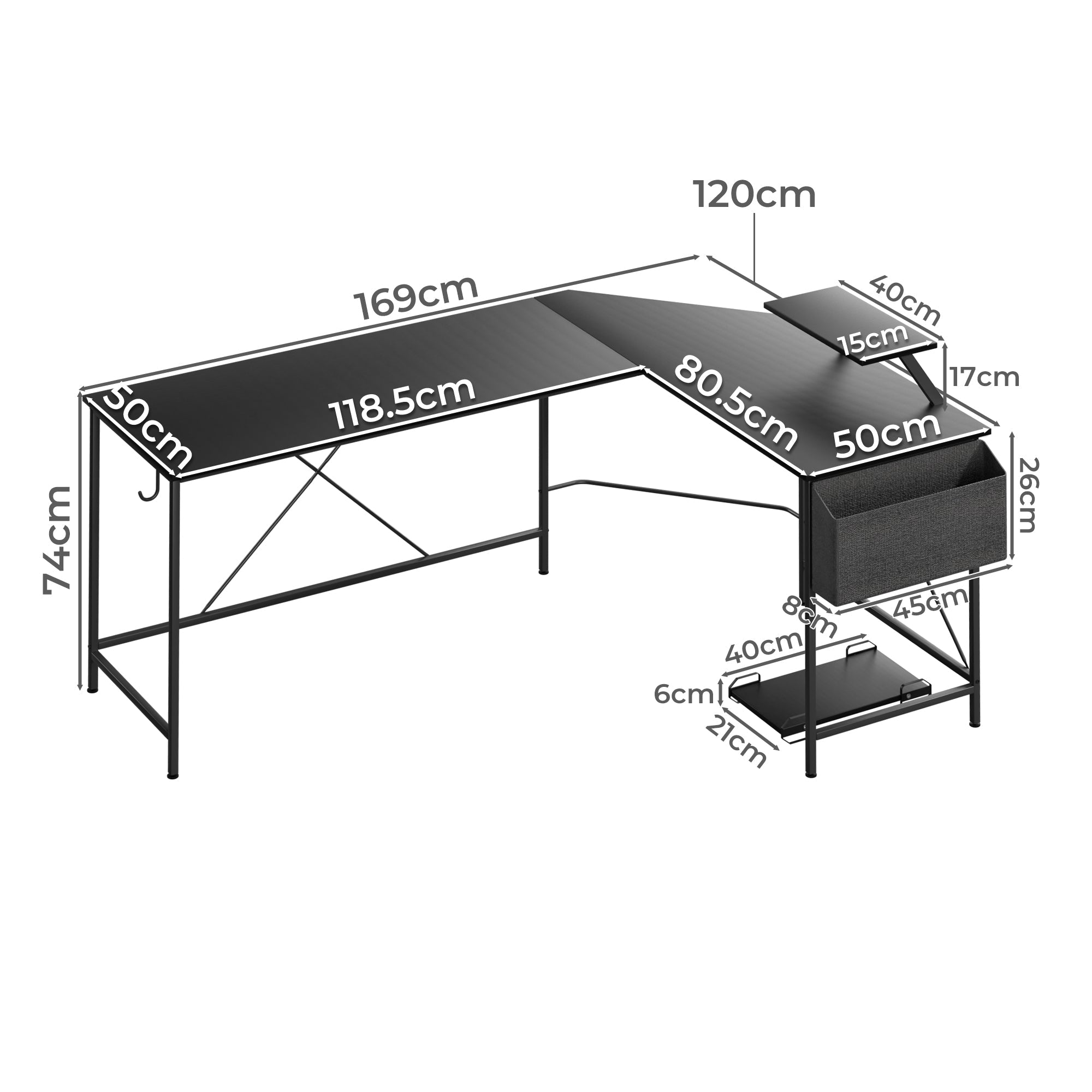 L - Shaped Computer Corner Desk with Monitor & CPU Stand - Black - Rivercity House & Home Co. (ABN 18 642 972 209) - Affordable Modern Furniture Australia