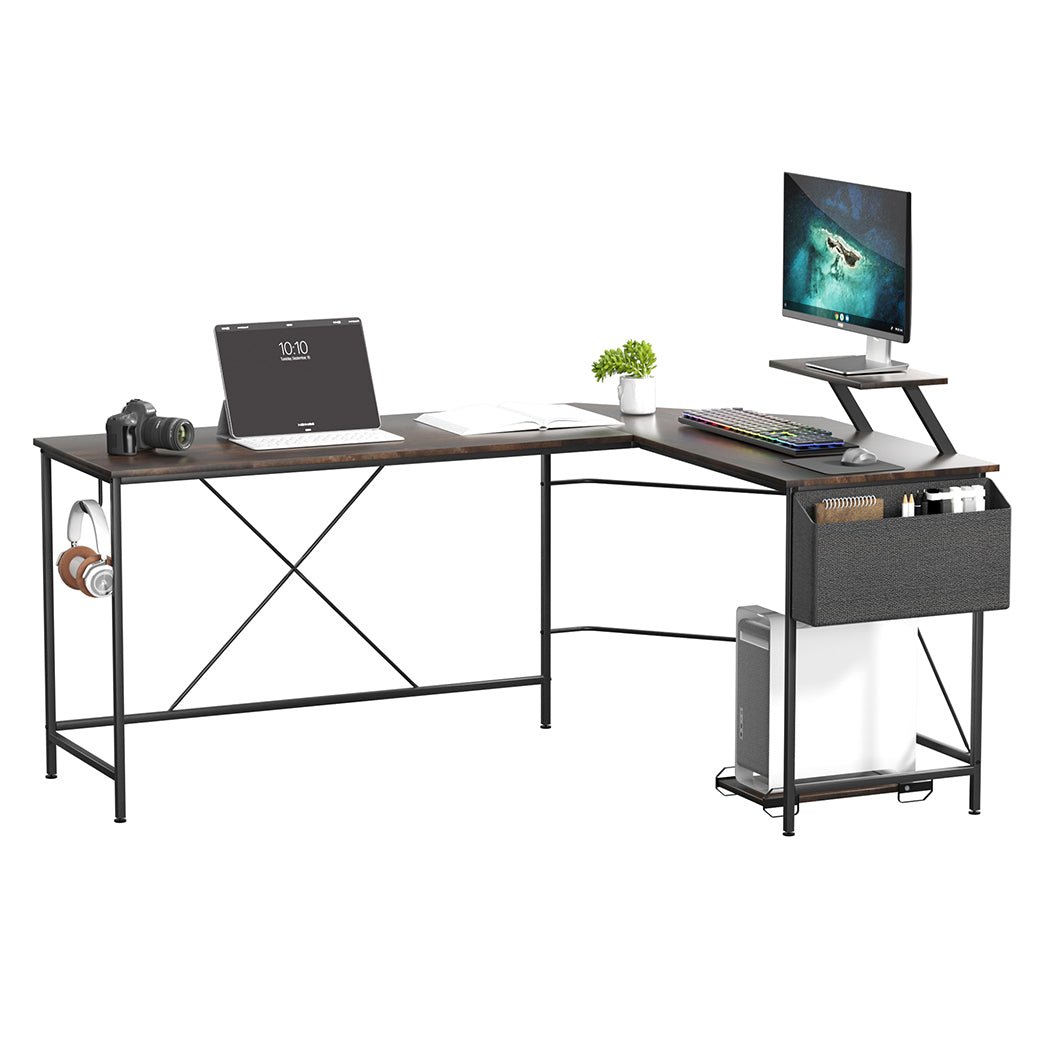 L - Shaped Computer Corner Desk with Monitor & CPU Stand - Brown - Rivercity House & Home Co. (ABN 18 642 972 209) - Affordable Modern Furniture Australia