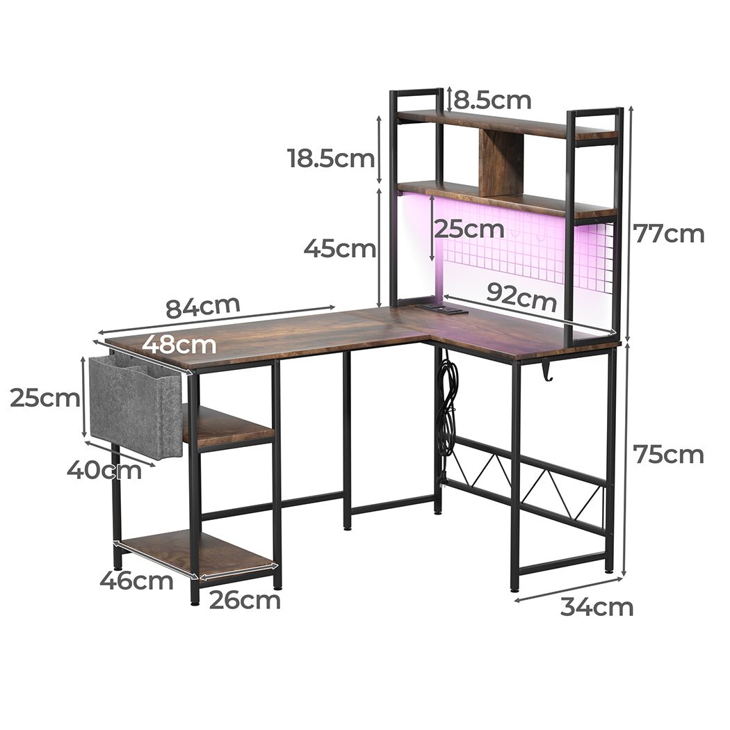 L Shaped Gaming Desk with RGB LED Lights and Power Outlets - Brown - Rivercity House & Home Co. (ABN 18 642 972 209) - Affordable Modern Furniture Australia