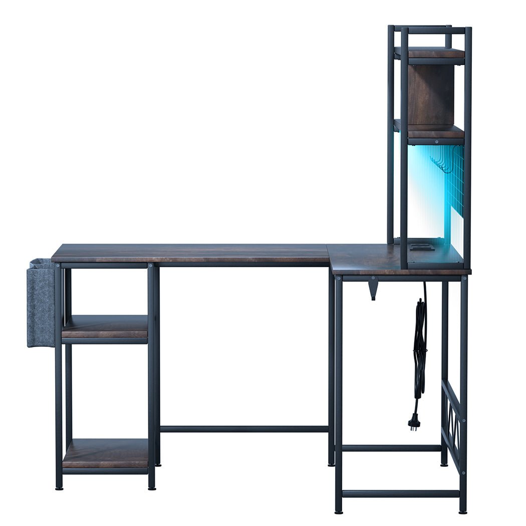 L Shaped Gaming Desk with RGB LED Lights and Power Outlets - Brown - Rivercity House & Home Co. (ABN 18 642 972 209) - Affordable Modern Furniture Australia