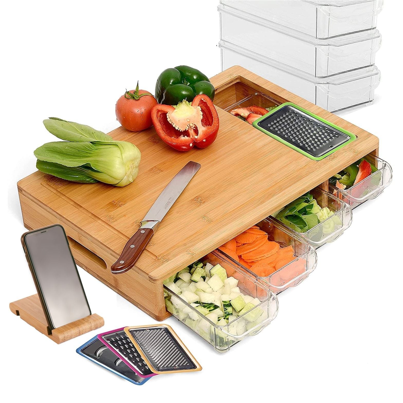 Large Bamboo Cutting Board and 4 Containers with Mobile Holder gift included for Home Kitchen - Home & Garden > Kitchenware > Kitchen Utensils - Rivercity House & Home Co. (ABN 18 642 972 209) - Affordable Modern Furniture Australia