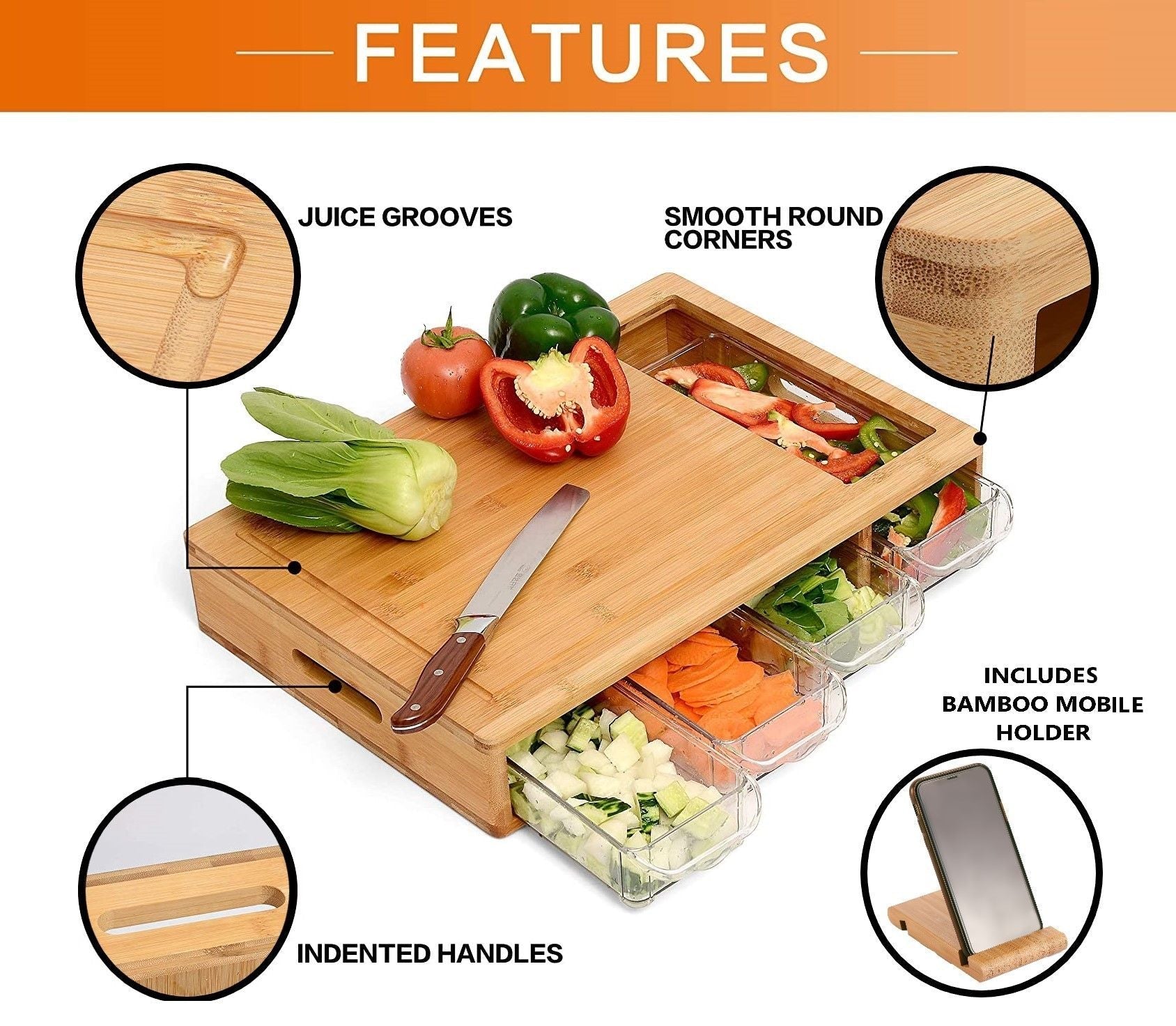 Large Bamboo Cutting Board and 4 Containers with Mobile Holder gift included for Home Kitchen - Home & Garden > Kitchenware > Kitchen Utensils - Rivercity House & Home Co. (ABN 18 642 972 209) - Affordable Modern Furniture Australia