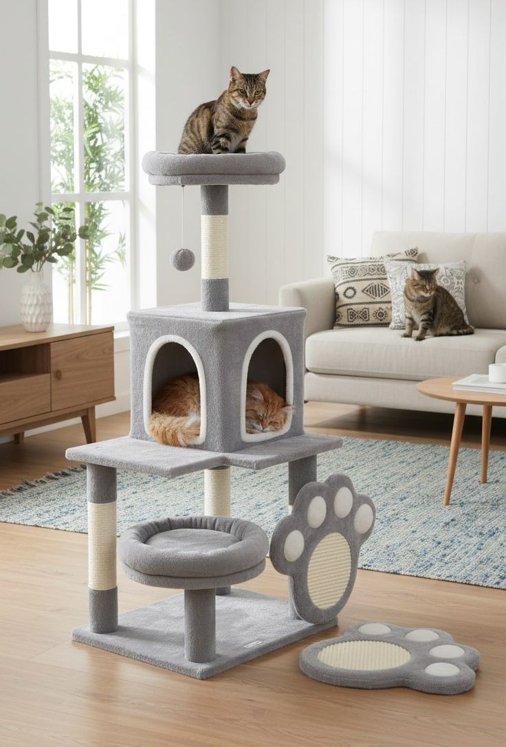 Large Indoor Cat Tree Tower with Plush Perch, Condo, Sisal Scratching Posts & Hanging Ball - Natural - Pet Care > Cat Supplies > Cat Scratching Posts - Rivercity House & Home Co. (ABN 18 642 972 209) - Affordable Modern Furniture Australia