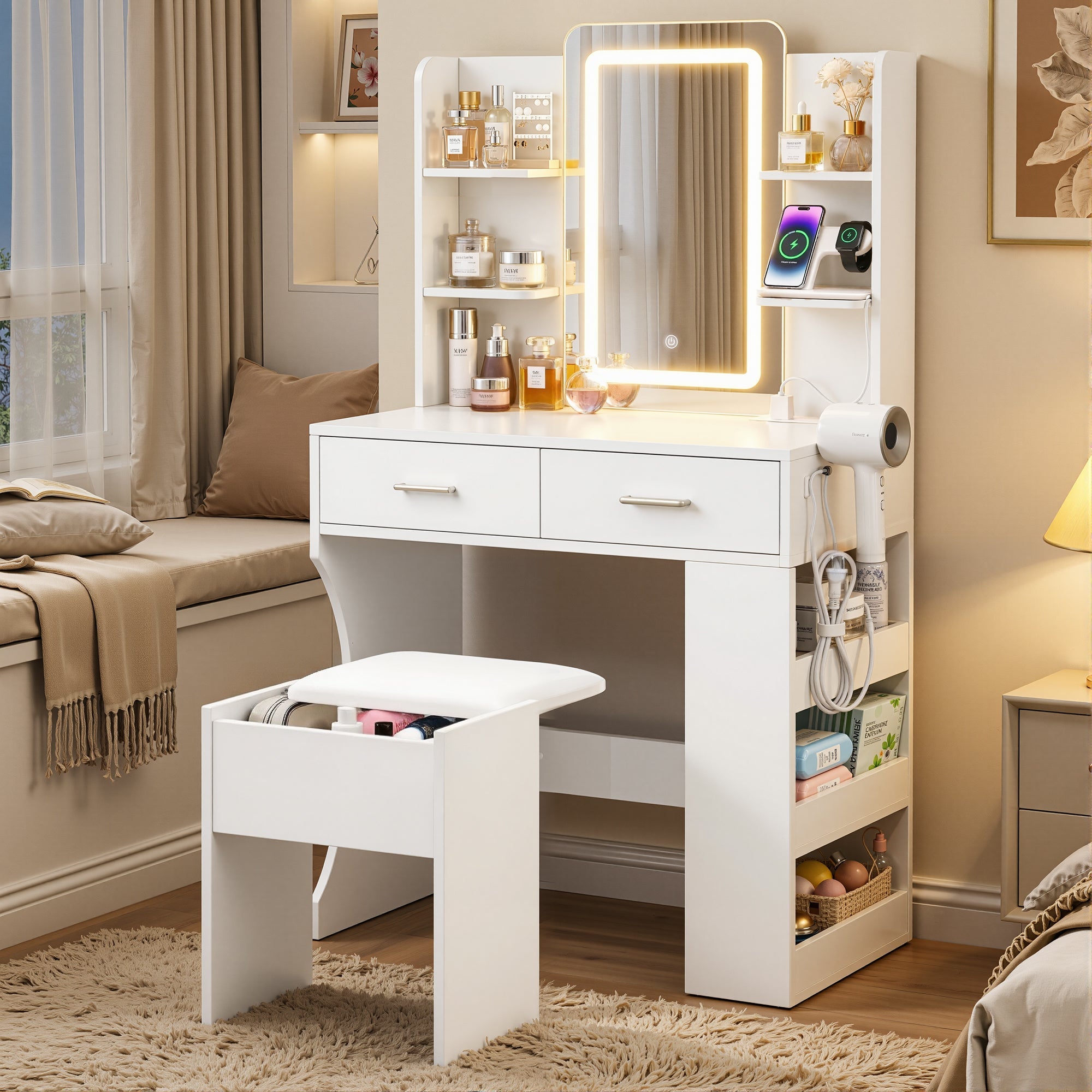 LED Dressing Table Vanity Desk Set with Stool and Charging Station - White - Furniture > Bedroom > Dressing Vanity & Dressing Tables - Rivercity House & Home Co. (ABN 18 642 972 209) - Affordable Modern Furniture Australia