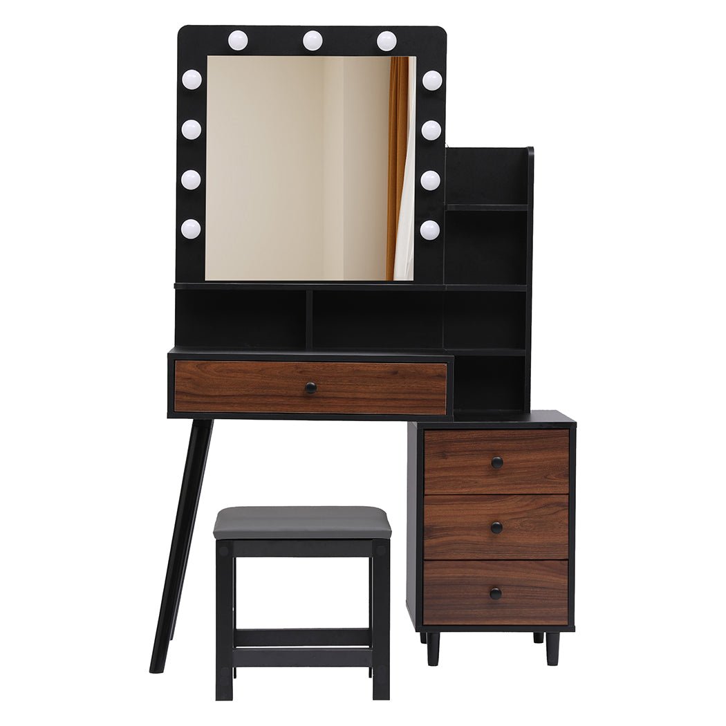 LED Dressing Table with Stool and 11 Bulb Vanity Mirror USB Powered - Black and Brown - Rivercity House & Home Co. (ABN 18 642 972 209) - Affordable Modern Furniture Australia